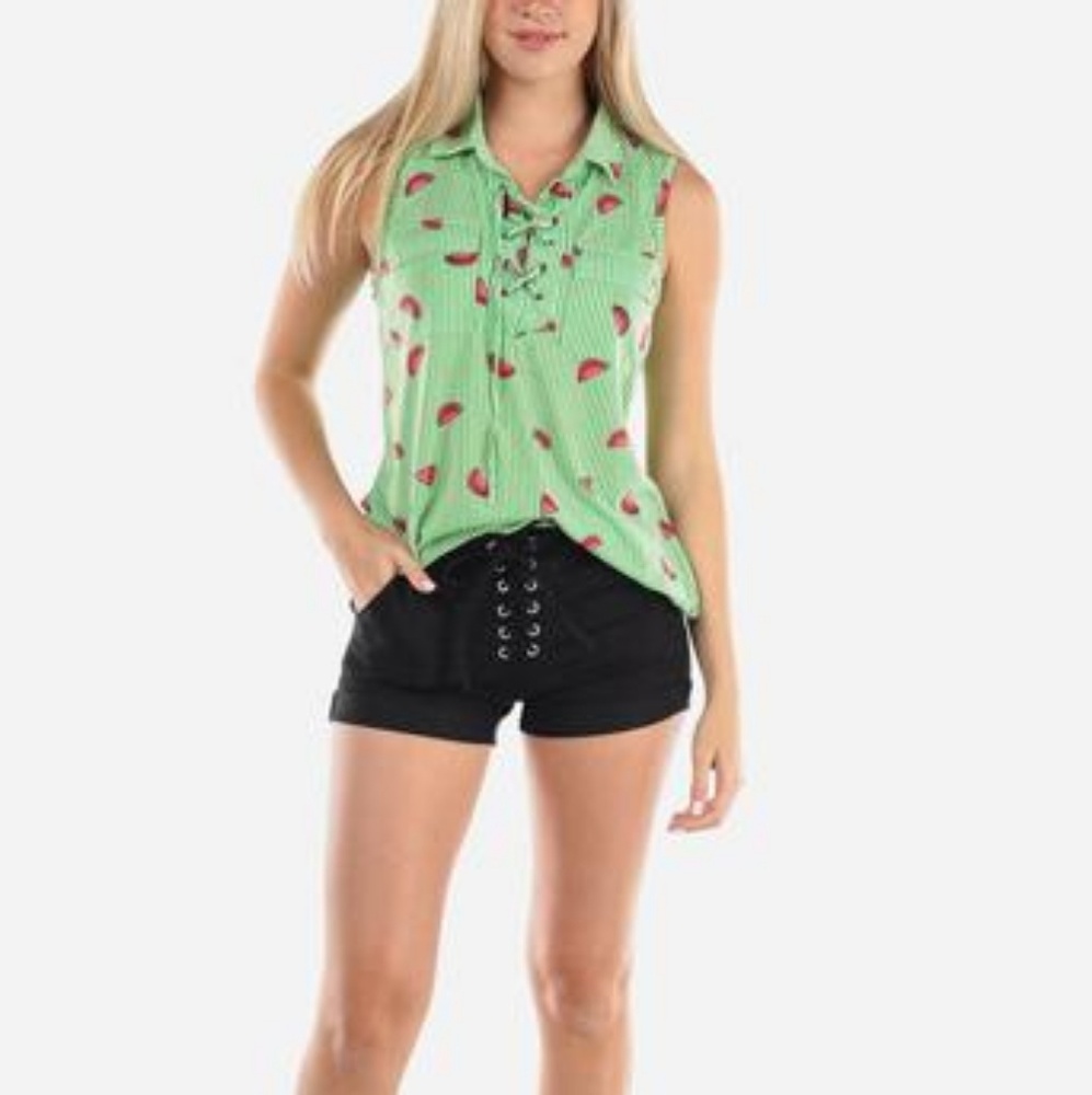Green Stripe Watermelon Lace Up Tank - Picture 6 of 8